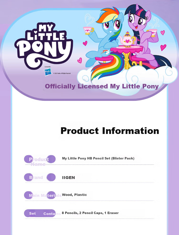 IiGEN My Little Pony HB Pencil Primary School Stationery Round Barrel Exam Pencil Non-toxic Cap Protective Cover Kindergarten Grade 1-2 Set with Eraser Break-resistant Core Back-to-School Gift Box 1