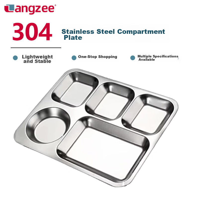 Lanzhe 304 Stainless Steel School Cafeteria Multi-Compartment Lunch Tray Student Bento Box Five Compartments
