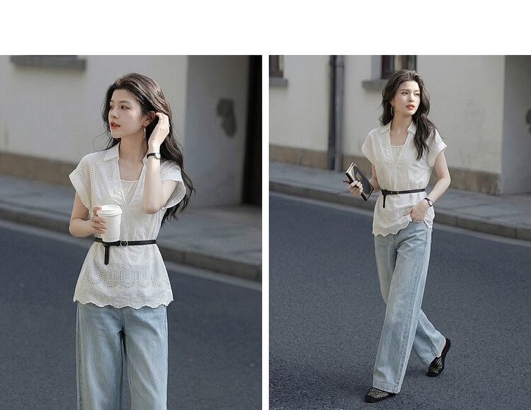 Demana Pure Cotton Light Life Summer V-Neck Lace Embroidered Shirt Color-Block Belted Short Sleeve Blouse for Women 11