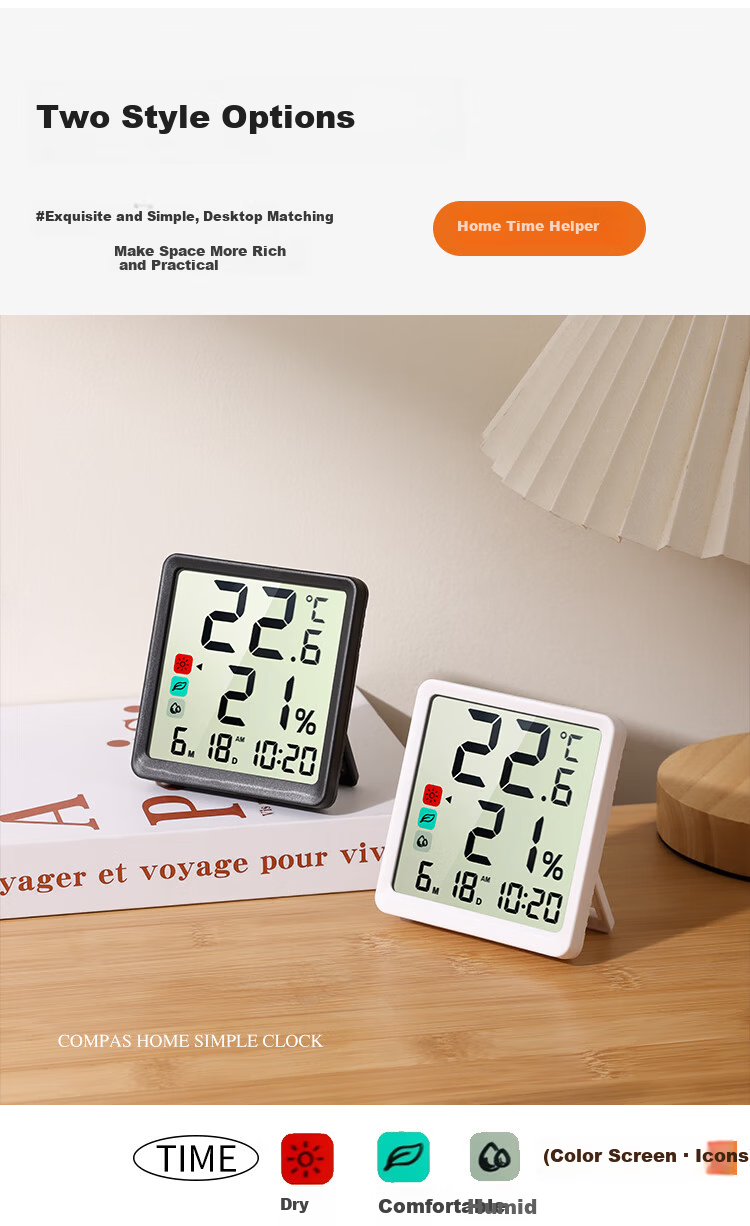 Compas Thermo-Hygrometer Clock Indoor Temperature Meter Baby Room Bedroom Kitchen Magnetic Multifunction Clock 2301H White 3