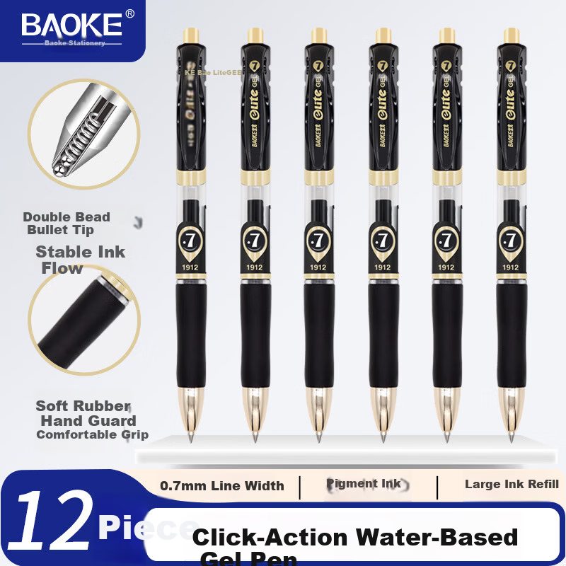 BAOKE PC1947 Retractable Gel Pen Teacher Grading Pen Smooth Writing 0.7mm Dual Ballpoint Marker Pen Non-slip Sleeve Student Exam Pen Black 12pcs/Box