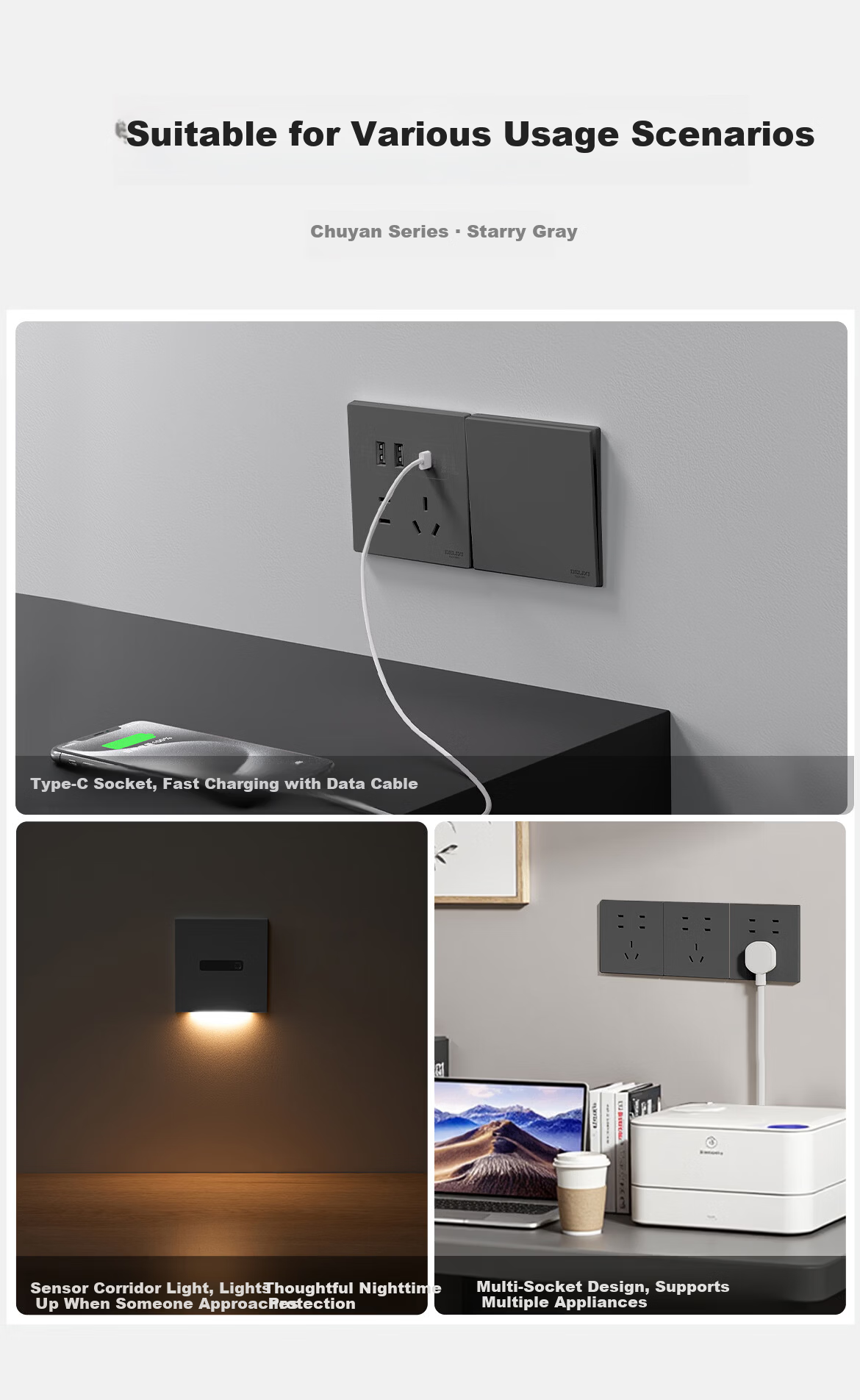 DELIXI Switch Socket, 86-Type Universal Single-Pole Master Switch with Eight Holes, Concealed Power Switch, Space Gray 15