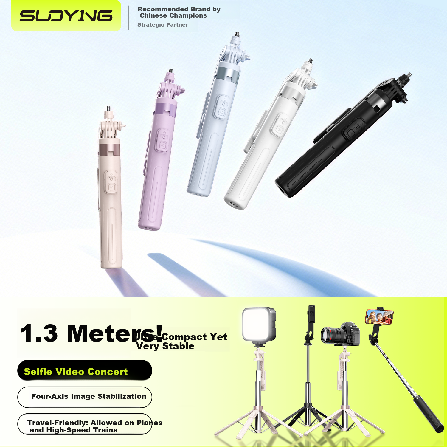 Suoying [2026 New] Selfie Stick Phone Holder Floor Tripod Live Streaming Stand 360° Rotation Anti-Shake Auto Tracking Travel Compact Portable Concert Photography