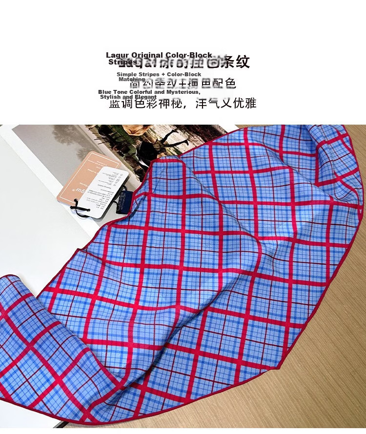 Lagur Tranquil Blue Plaid 100% Mulberry Silk Scarf Long Triangle Diamond Vintage Headband for Women Tranquil Blue 7
