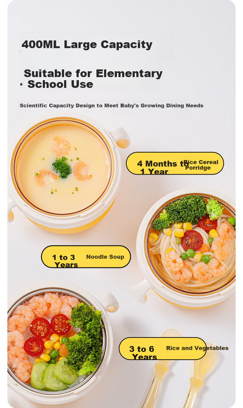 LUSN Stainless Steel Baby Feeding Bowl Anti-Drop Temperature-Controlled Children's Tableware Insulated Water-Filled Lunch Box 17