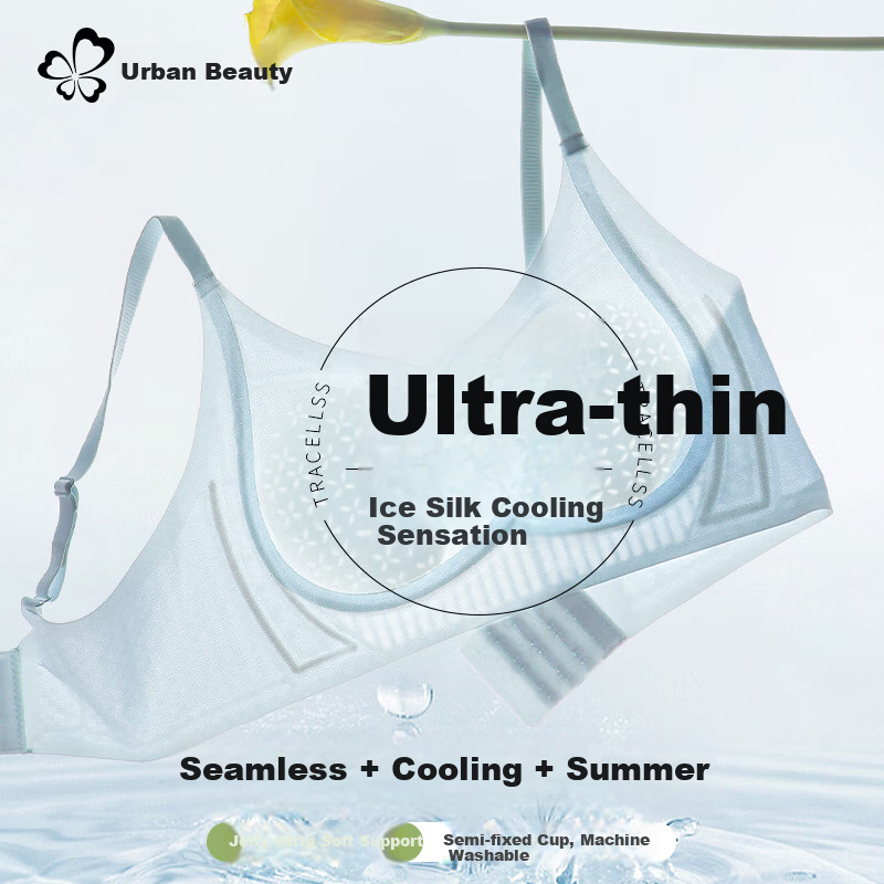 Urban Beauty Women's Thin Summer Wireless Bra Seamless Bunny Ear Cup Ice Silk Breathable Anti-Spread Sky Blue L