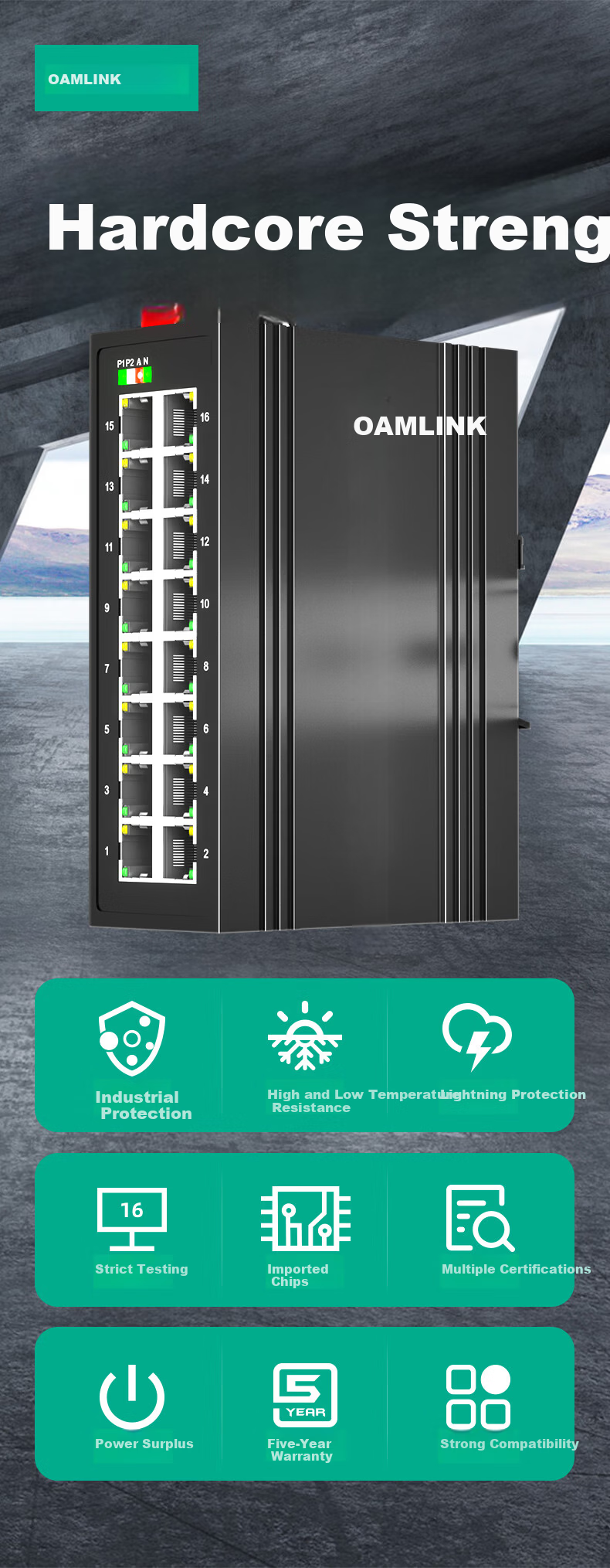 OAMLink Industrial Grade Ethernet Switch 16-Port Gigabit Unmanaged DIN Rail OAM-6000-45-16GT 1