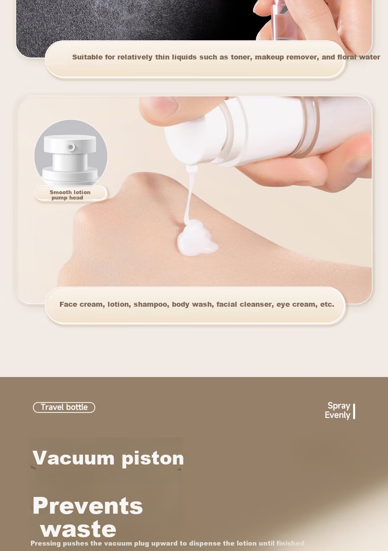 Qihaiqiu Vacuum Dispensing Bottle Press Lotion Bottle Spray Travel Portable Shower Shampoo Bottle Cosmetics 50ml*3 3