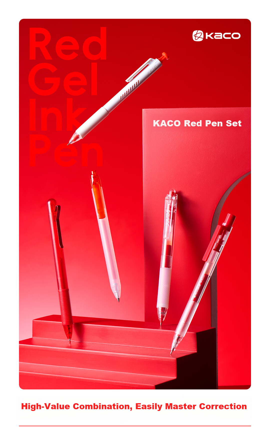 KACO Rechargeable Red Gel Pen 0.5mm Red Click Pen Ins Stylish Teacher Correction Pen Frost White/Red 3-Pack 1