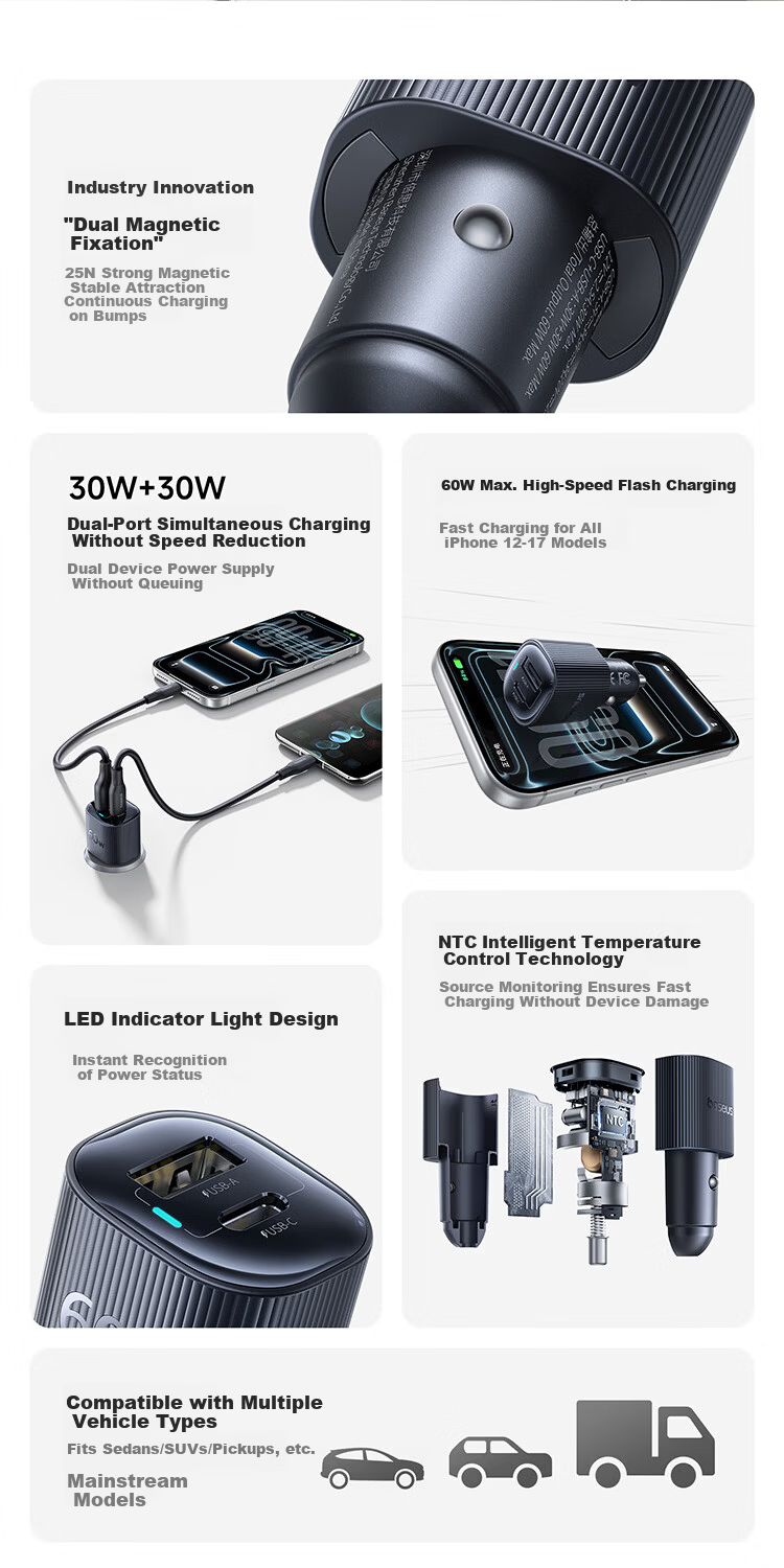 BASEUS Car Charger Dual Port 60W Super Fast Charging Cigarette Lighter Splitter Adapter for Apple 17 Huawei Xiaomi A+C Dual Port 2