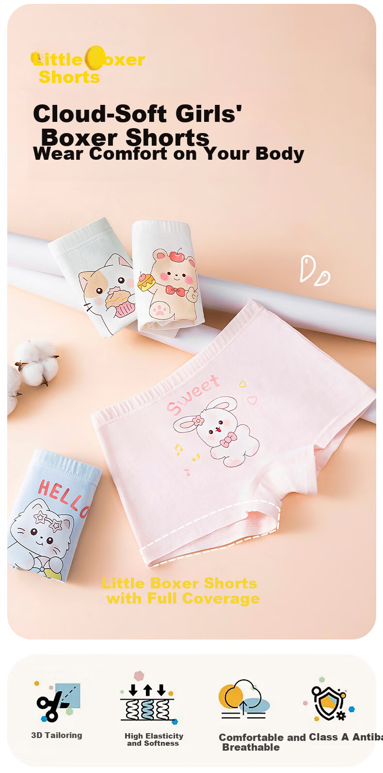 Hodo Kids Girls' Underwear Mid to Large Size A-Class Antibacterial Crotch Boxer Briefs 6-Pack Cake Bear 150 2