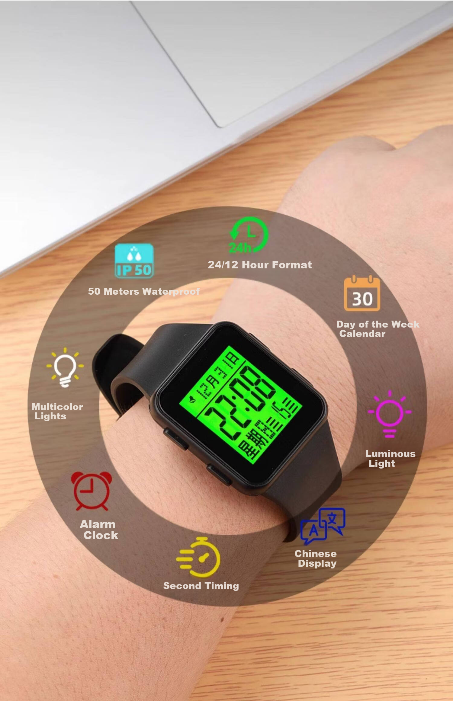 GEORGCOUNT Men's Multifunctional Square Digital Watch, Student Unisex Alarm Clock, Luminous Sports Children's Watch for Boys 8