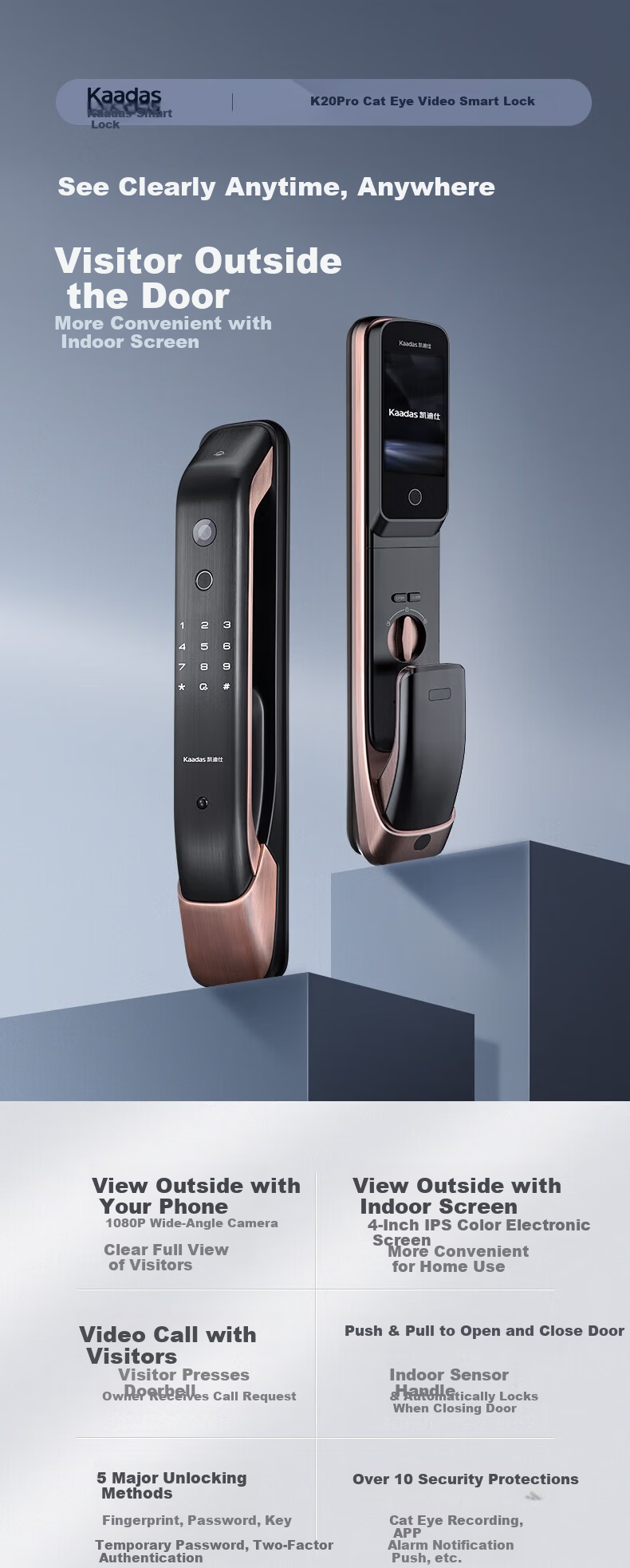KAADAS Smart Door Lock Fingerprint Electronic Lock Sentinel Smart Peephole Lock Genesis K20 Pro Red Copper 1