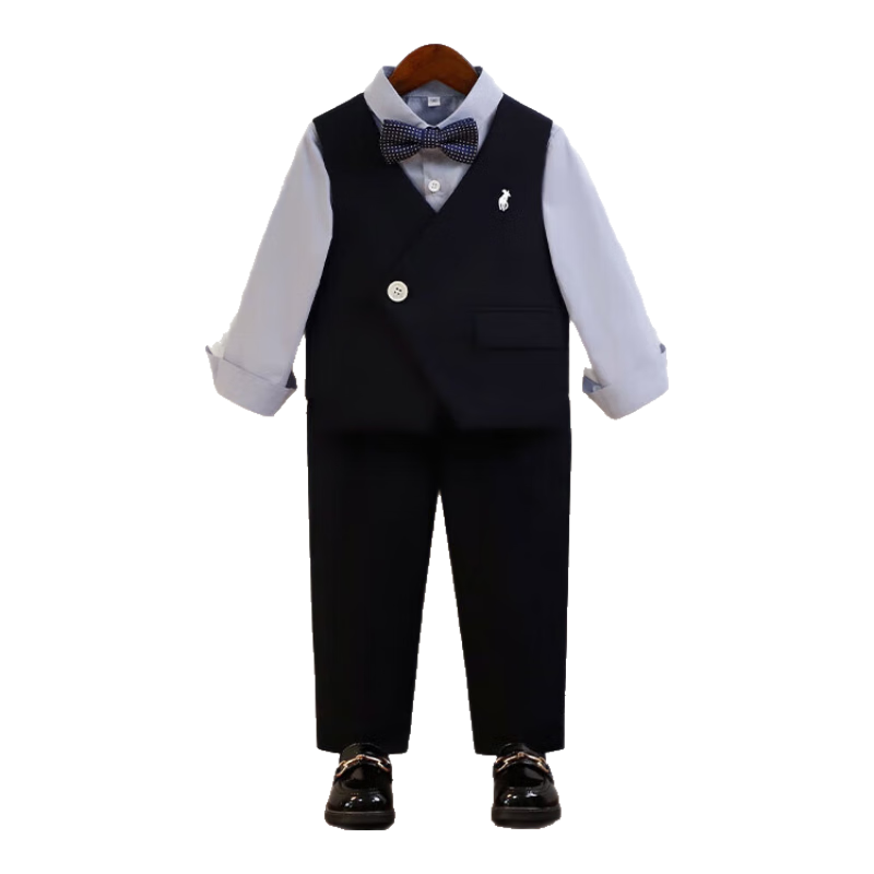 LUOBOBEIBEI Boys' Vest Set Casual Suit Flower Boy Formal Wear Performance Outfit Spring And Autumn 2025 Navy Blue Four-Piece Set Size 110