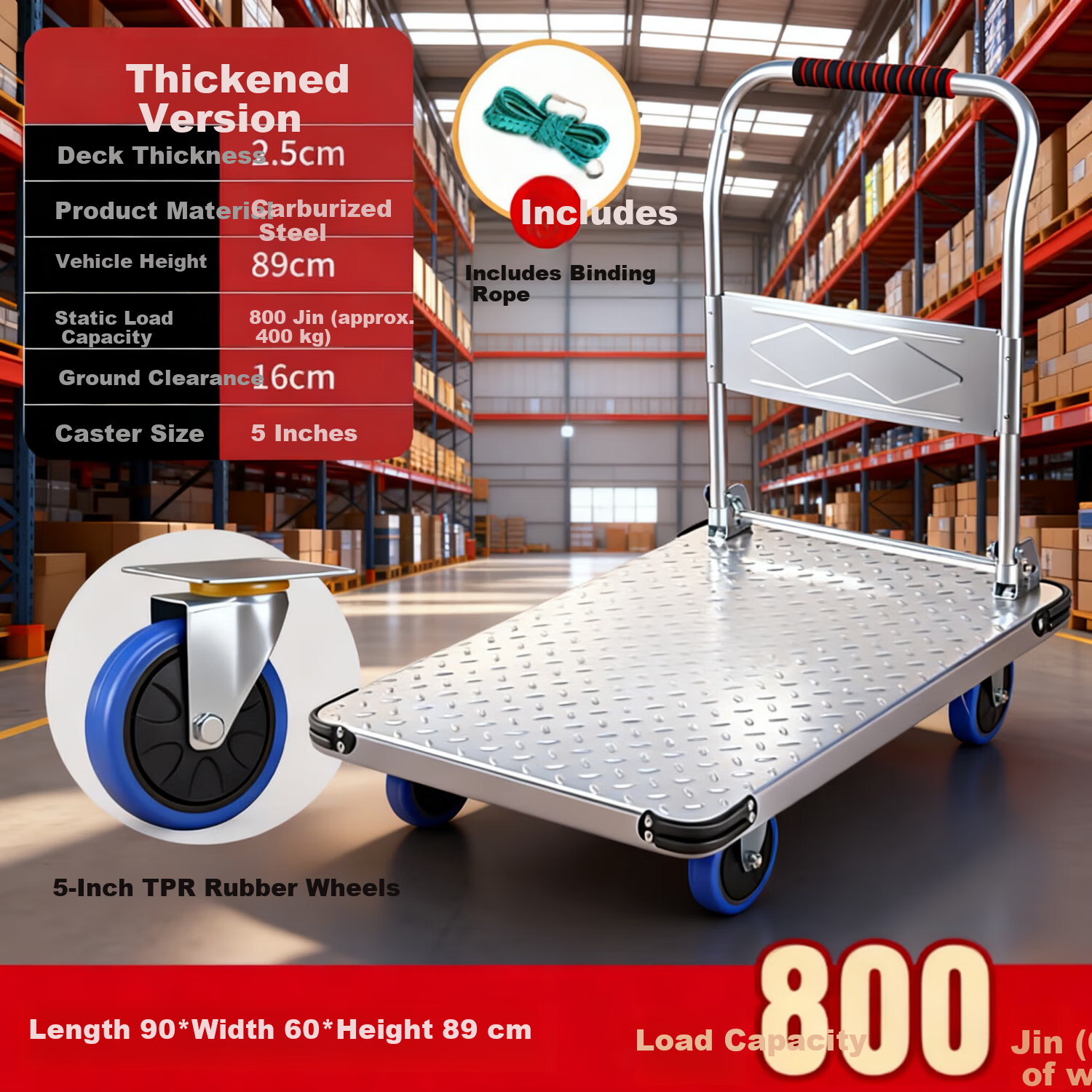 Feida Steel Plate Cart Small Trolley Flatbed Folding Hand Truck Cargo Cart 90x60cm Blue Wheels Load Capacity 800 Jin