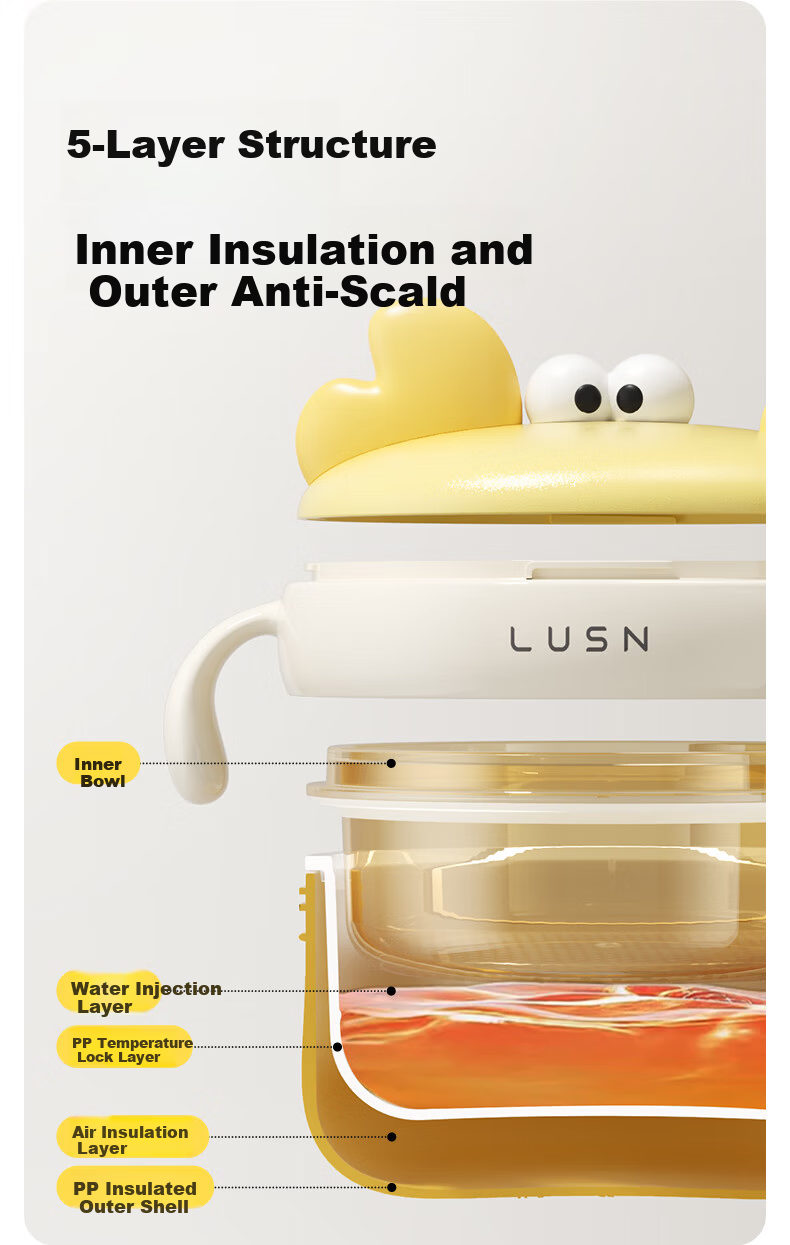 LUSN Stainless Steel Baby Feeding Bowl Anti-Drop Temperature-Controlled Children's Tableware Insulated Water-Filled Lunch Box 10