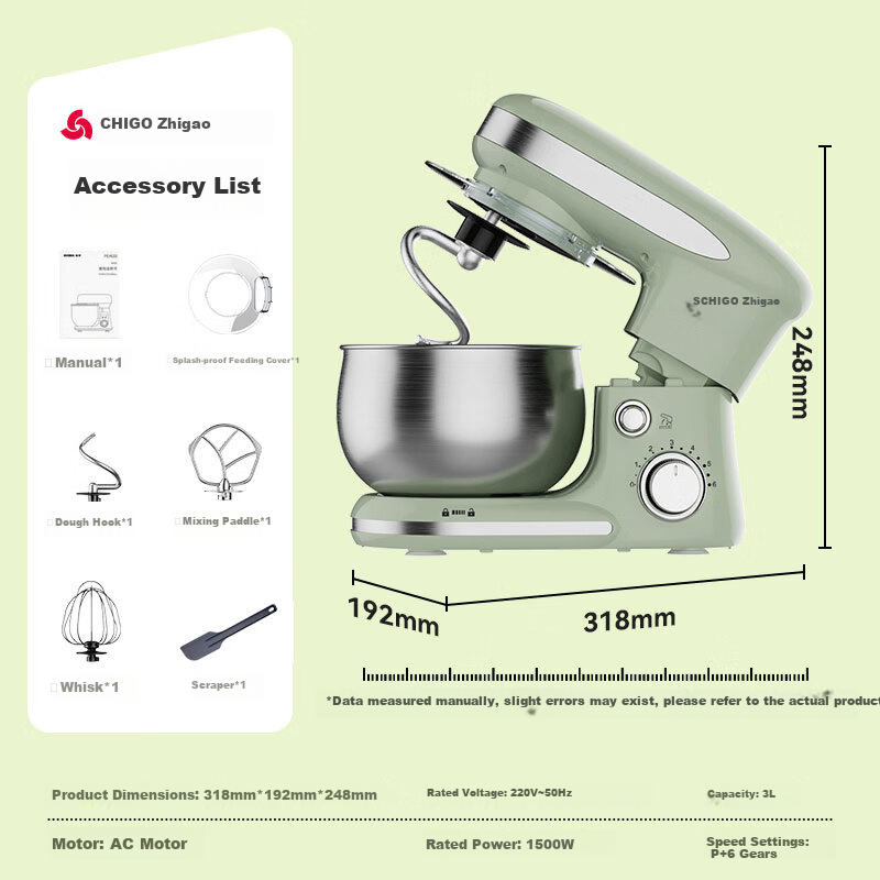 CHIGO 3L Kitchen Stand Mixer Home Entry-Level Fully Automatic Dough Mixer Multifunctional Egg Beater Cream Maker 600W SC-639 Morandi Green
