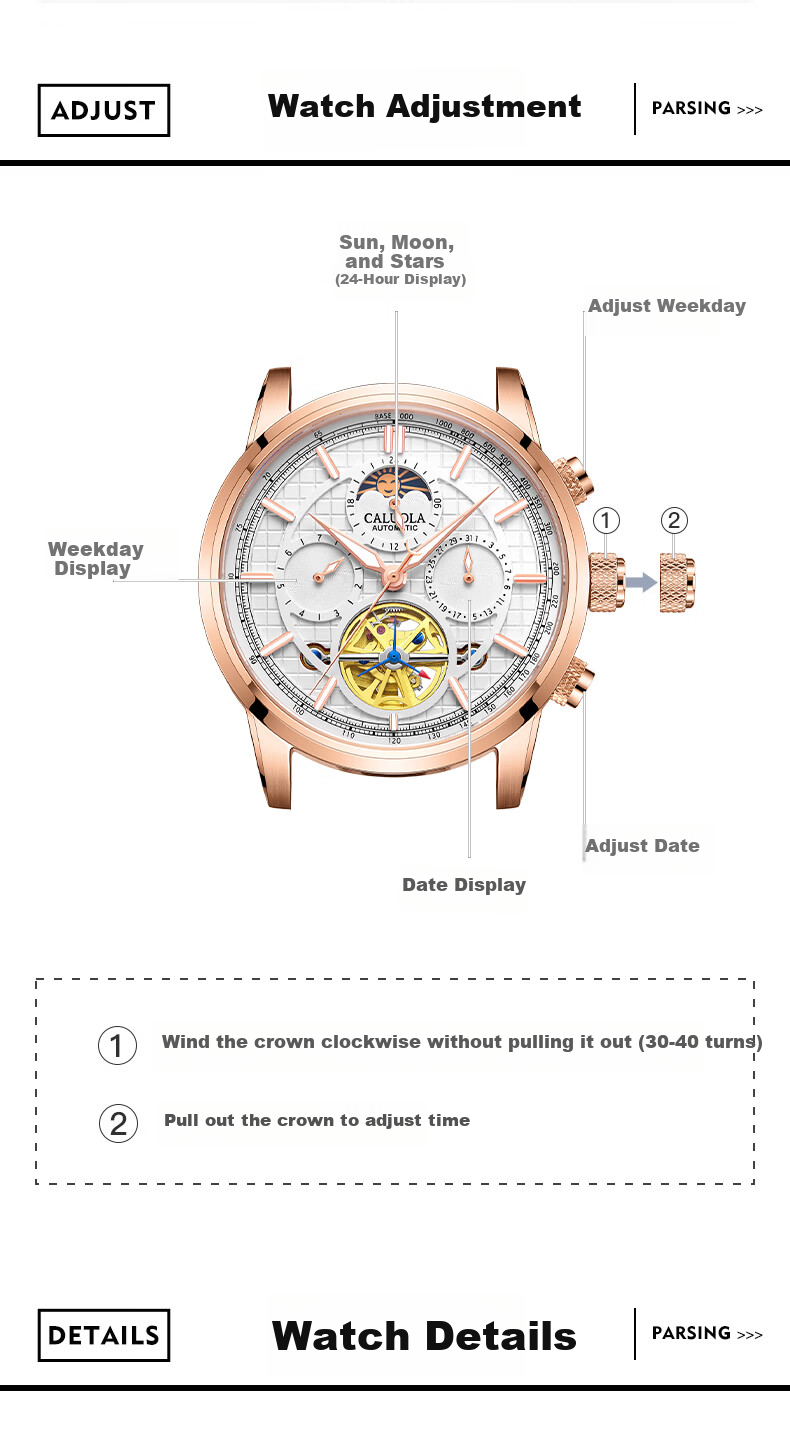 CALUOLA Men's Automatic Mechanical Watch Multifunction Leather Strap Fashion Business Wristwatch Birthday Gift 7