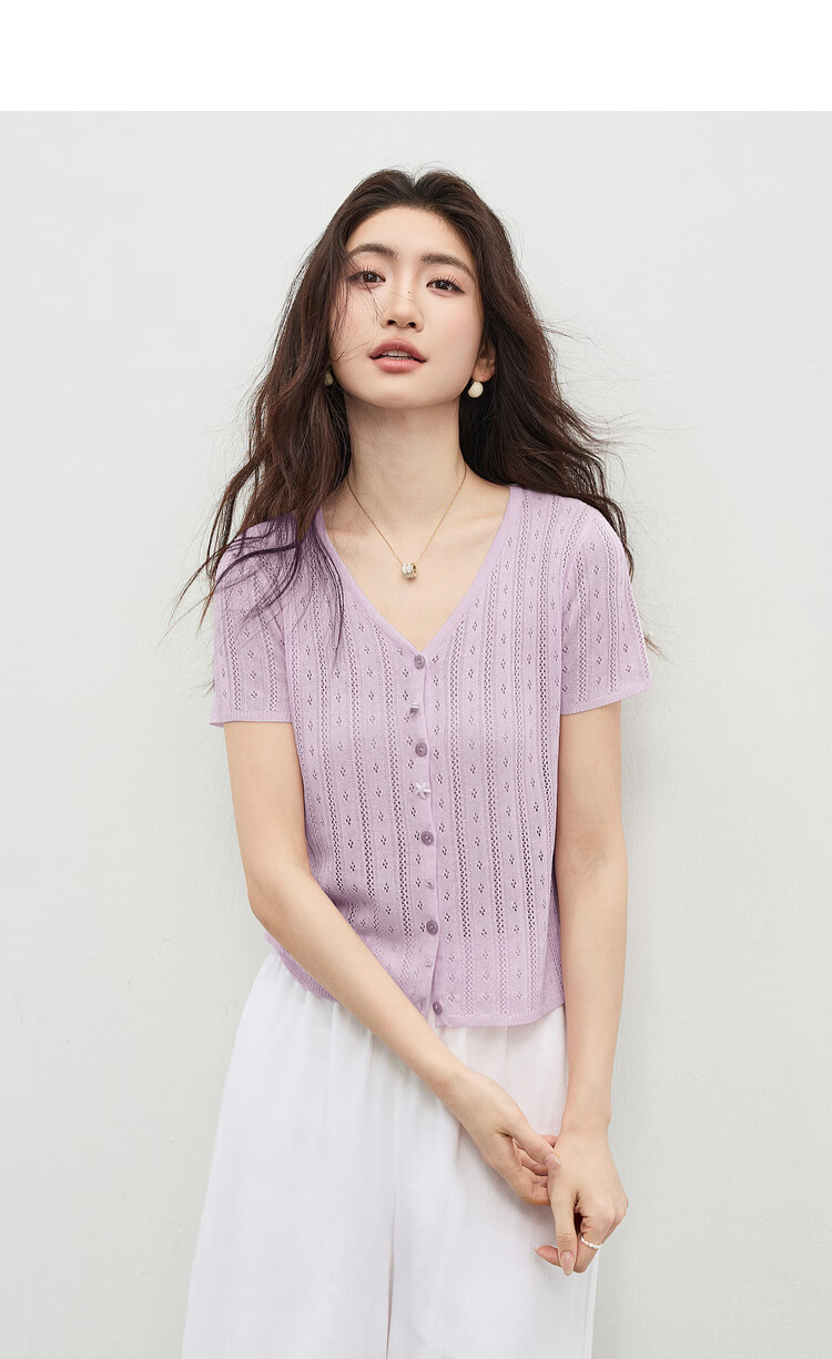 Shangdu Bira Linen Lyocell Knitwear Women Spring Summer Sweet Youthful V-Neck Hollow Texture Short Sleeve Cardigan Top 8