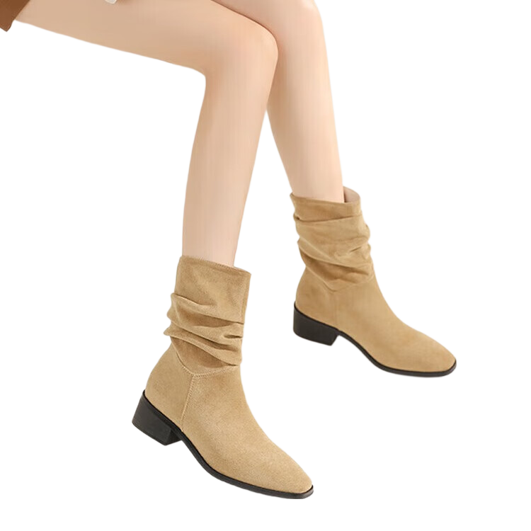 DAPHNE Western Cowgirl Boots for Women, Autumn And Winter Fashion Mid-Calf Chunky Boots, Retro Short Boots for Women, Khaki, Size 36