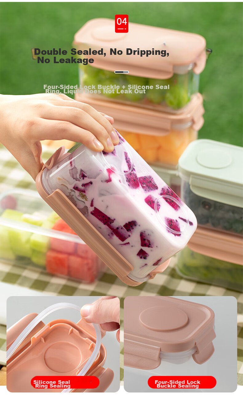 KATEI STORY Japanese Portable Fruit Box with Fork, Handheld Salad Cup, Plastic Cup with Sealing And Leak-Proof Draining Basket for Going Out 8