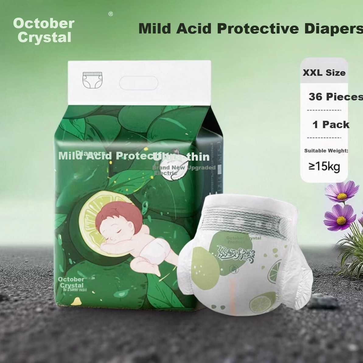 October Crystal Baby Mild Acidic Diaper Ultra-Thin Ultra-Soft Breathable XXL Size 36 Pieces
