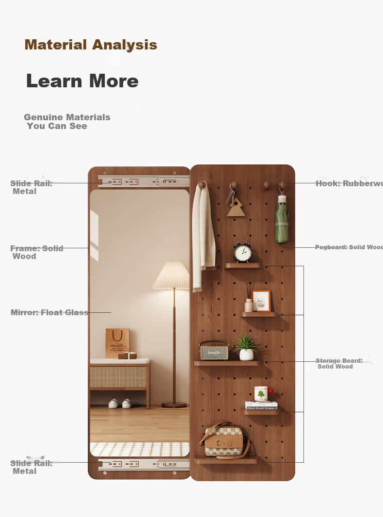 Qiyinge Solid Wood Pegboard Dressing Mirror Integrated Hidden Sliding Concealed Entryway Wall-Mounted Home Fitting Mirror 15