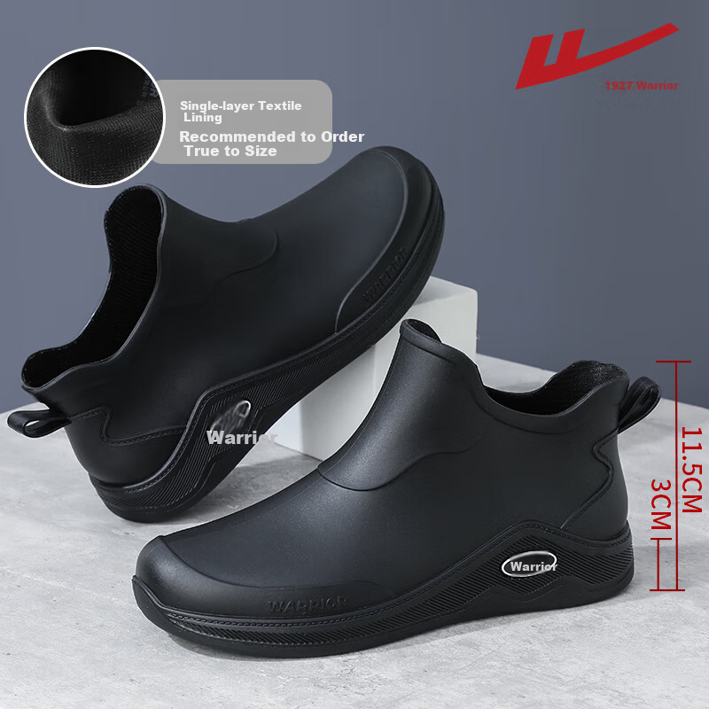 Warrior Men's Fashion Rain Shoes Non-Slip Waterproof Durable Rubber Rain Boots 3599 Black Size 38