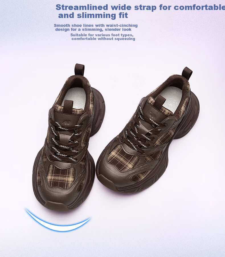 CAMEL Women's Dad Sneakers Modern Plaid Breathable Thick Sole Height Increasing Casual Sports Shoes L26S283201 Brown Size 36 4