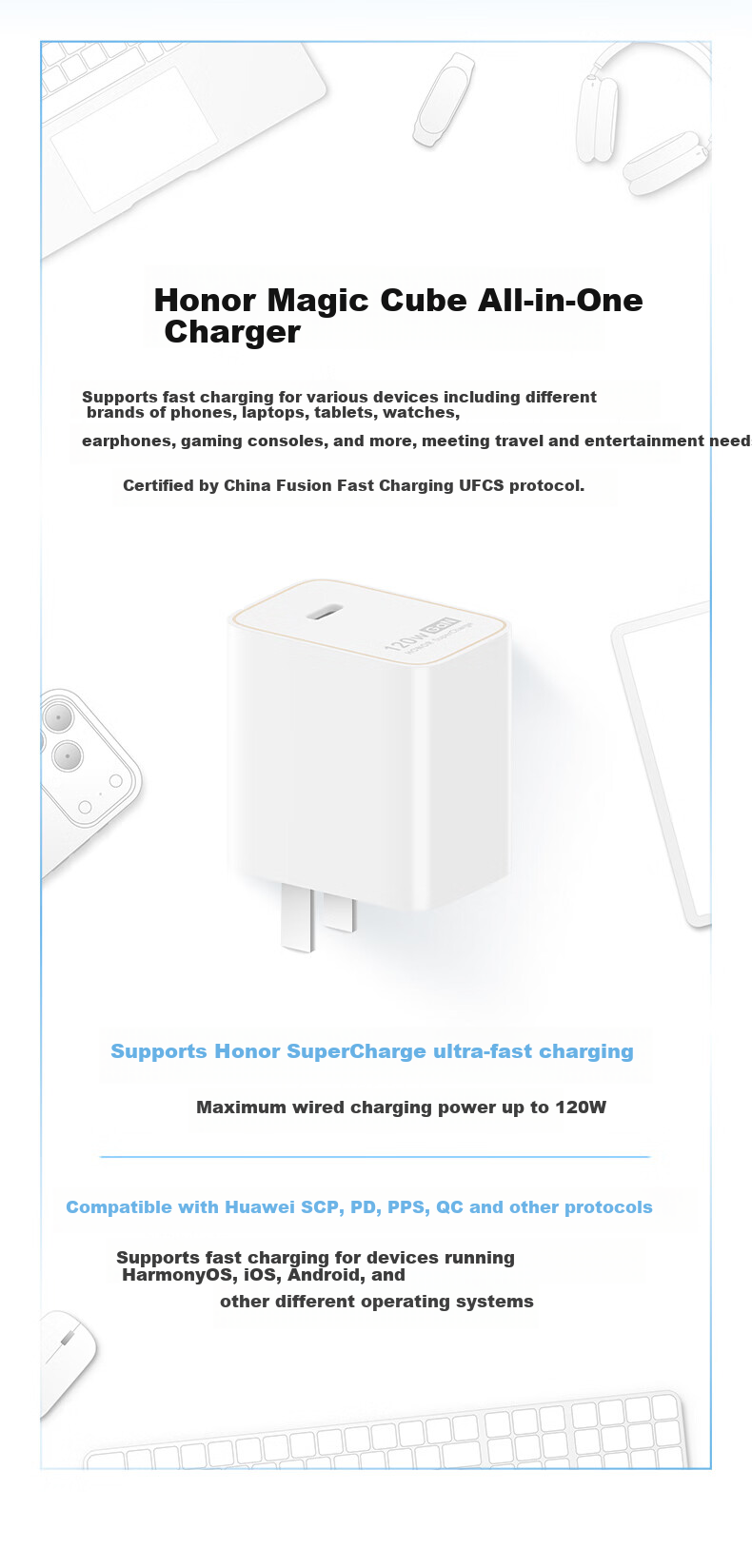 Honor Magic Cube All-in-One Charger 120W Fast Charging Compatible with Phones, Tablets, and Computers Safety Protection for Honor/Huawei/Xiaomi/Apple/OPPO Phones 5