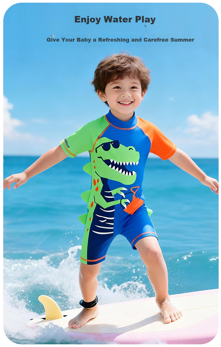 9i9 Kids Boys One-Piece Hooded Sunscreen Quick-Dry T-Rex Baby Swimming Hot Spring Suit B150 Blue 90 6