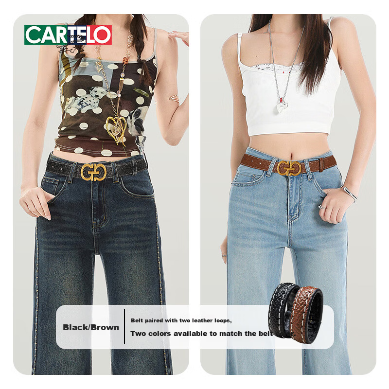 CARTELO Double-Sided Genuine Leather Women's Jeans Belt Smooth Buckle Plate Buckle Pin Belt Birthday Gift for Girlfriend