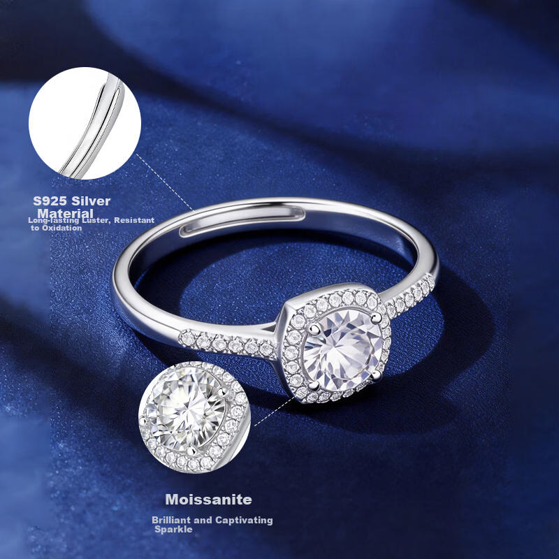 Jinliufu Auspicious Ring Diamond Ring S925 Silver 1 Carat Sugar Cube Moissanite Women's Engagement Anniversary Gift for Girlfriend