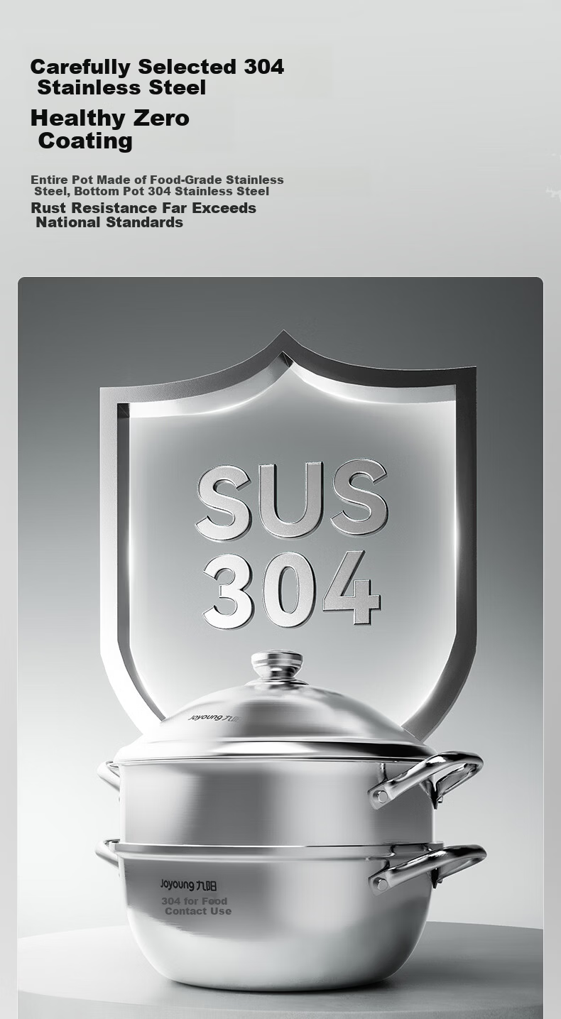 Joyoung 304 Stainless Steel Steamer Pot, Double Layer, 30cm, Suitable for 3-4 People, Compatible with Induction Cookers, Ideal for Steaming Fish and Buns 6