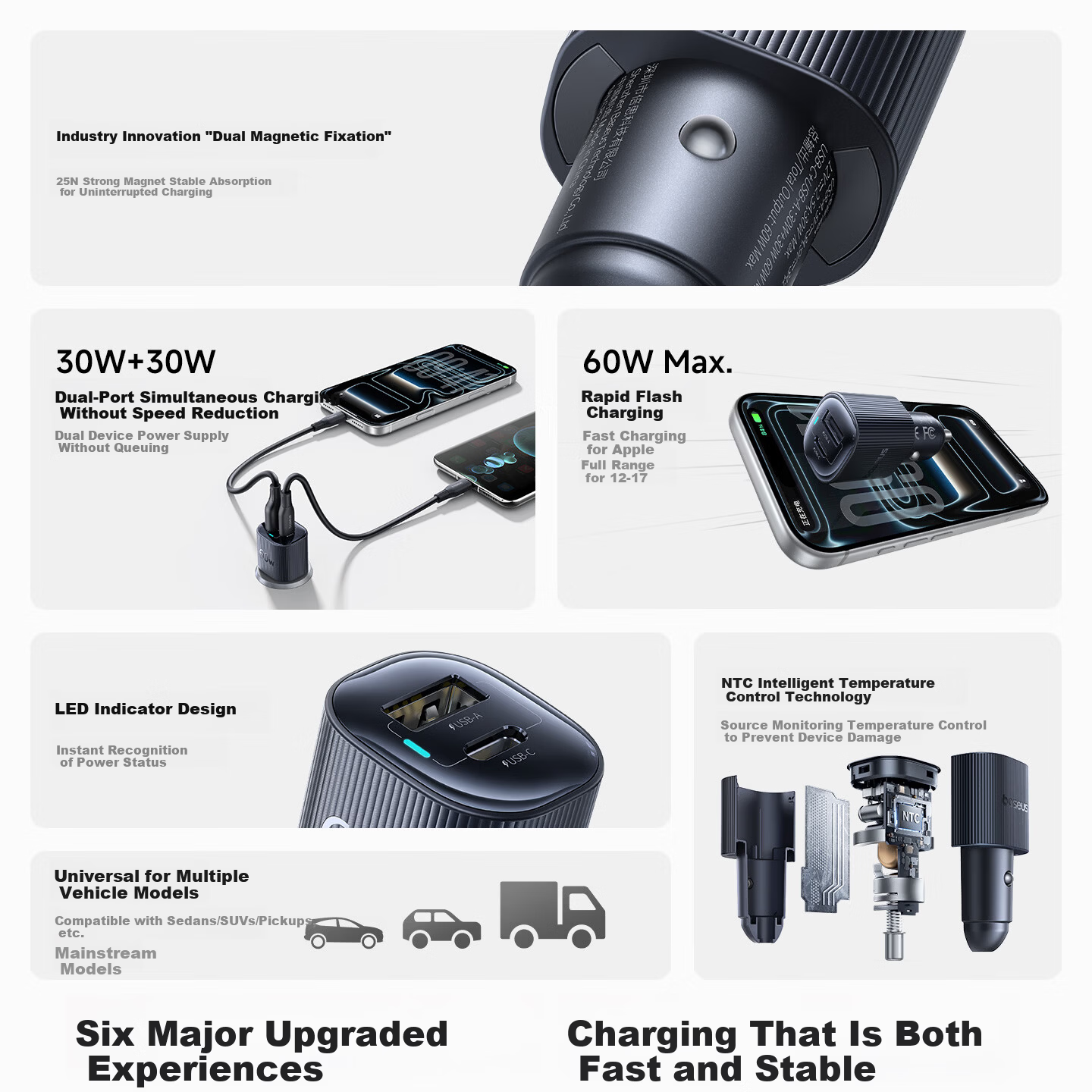 BASEUS Car Charger Dual Port 60W Super Fast Charging Cigarette Lighter Splitter Adapter for Apple 17 Huawei Xiaomi A+C Dual Port