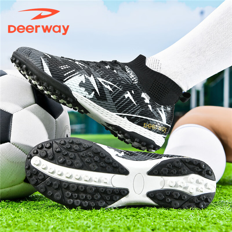 DEERWAY TF Turf Soccer Shoes Men Adult High-Top Ankle Support Youth Big Kids Match Training Shoes White Black Size 38