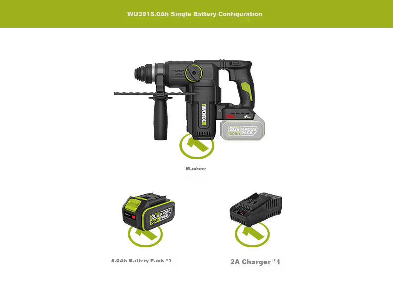 WORX 20V Cordless Lithium Battery Hammer Drill WU391.9 (Bare Tool) Rechargeable Impact Drill Concrete Electric Tool 20