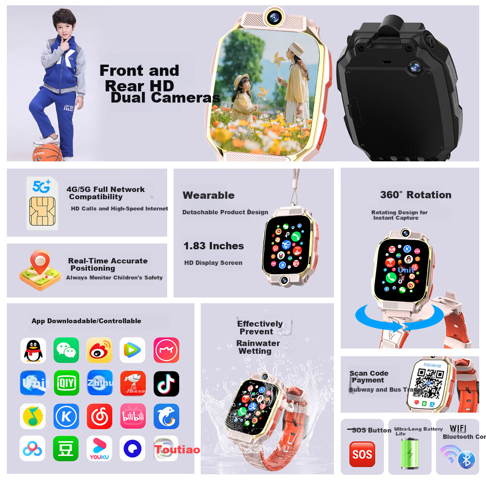 HAOXUEXI Smart Kids Phone Watch 5G Full Network Positioning Flip Waterproof WeChat for Boys and Girls Elementary and Middle School
