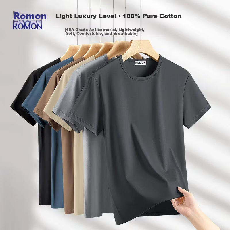 ROMON 100% Cotton Men's Short Sleeve T-Shirt [10A Antibacterial] Casual Solid Color Base Layer Tee