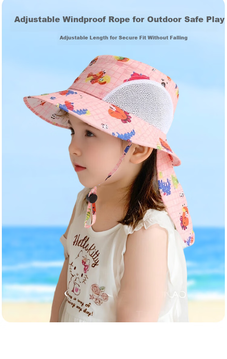 9i9 Kids Summer Sun Hat Baby Sunshade Hat Unisex Adjustable Bucket Hat Beach Hat Neck Protection F27 Pink 9