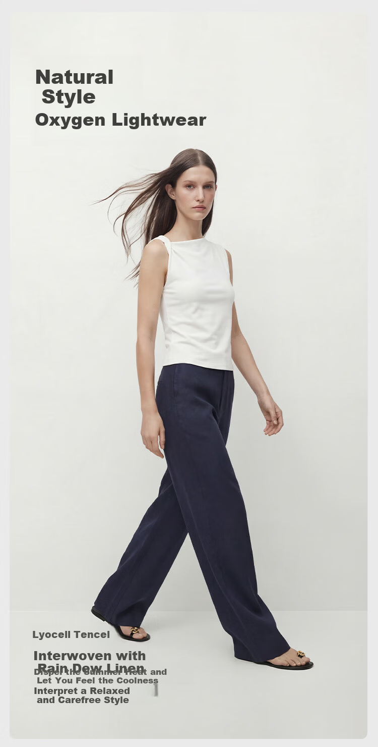 JD Jingzao Tencel Linen Wide-Leg Pants for Women Summer Thin Style Casual Straight Pants Navy Blue 2XL 10