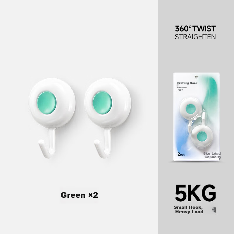 Fuju Rotating Heavy-Duty Adhesive Hooks No-Trace Bathroom Towel Clothes Door Hangers 2-Pack Green 3