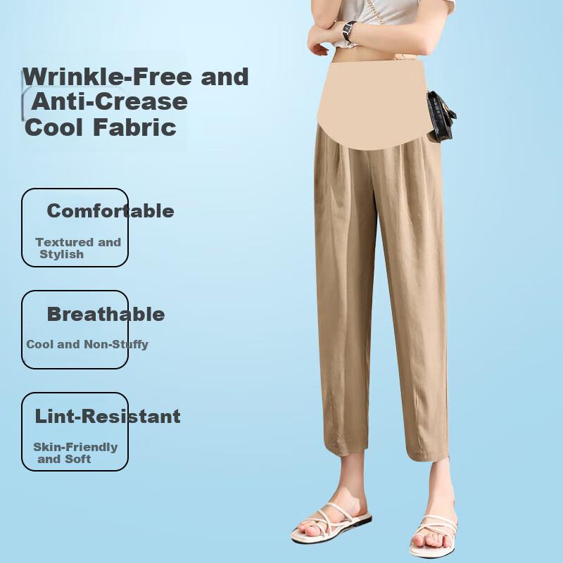JOYNCLEON Maternity Pants Spring and Autumn Wear Imitation Cotton Linen Thin Maternity Trousers Khaki L jyk19882