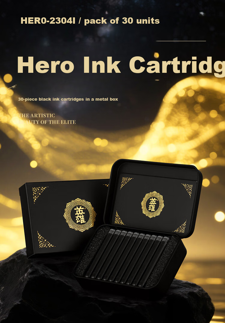 HERO High-Grade Fountain Pen Ink Cartridges 2.6mm Diameter Ink Refills 30pcs Metal Box Black 1