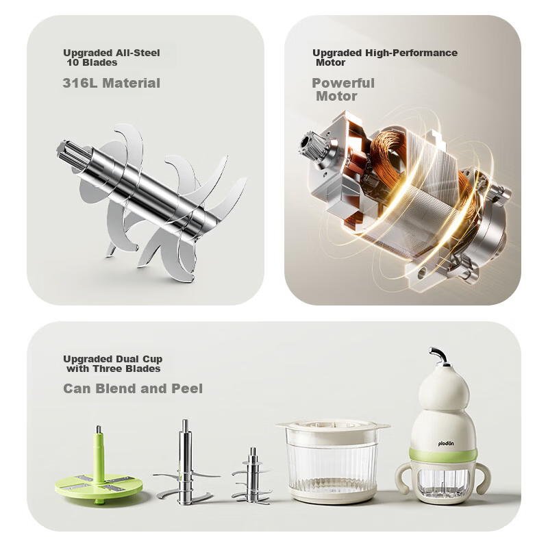 PLODON Baby Food Processor Infant Blender Puree Maker [All-Steel Shaft] Single Speed 10-Blade Single Cup Single Blade