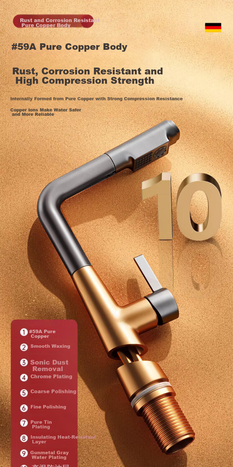 IVORPO [Germany] All-Copper Kitchen Pull-Out Faucet Hot and Cold Two-in-One Rotatable Sink Stretchable Swivel Faucet 6