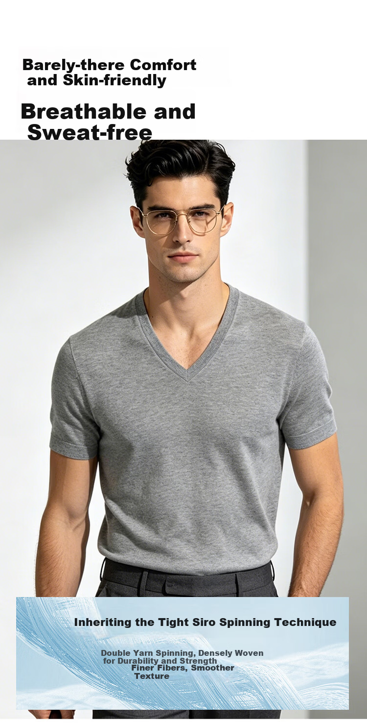Miiow Men's Heavyweight V-Neck Modal Cotton Short Sleeve T-Shirt High-End Business Breathable Versatile Commuter Casual Base Shirt 7