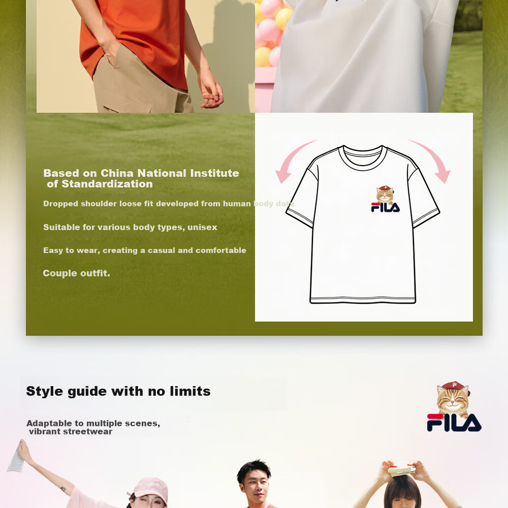 FILA Official 2026 Summer Couple Short Sleeve T-Shirt Casual Loose Fit Cotton Cat Knit Tee 14