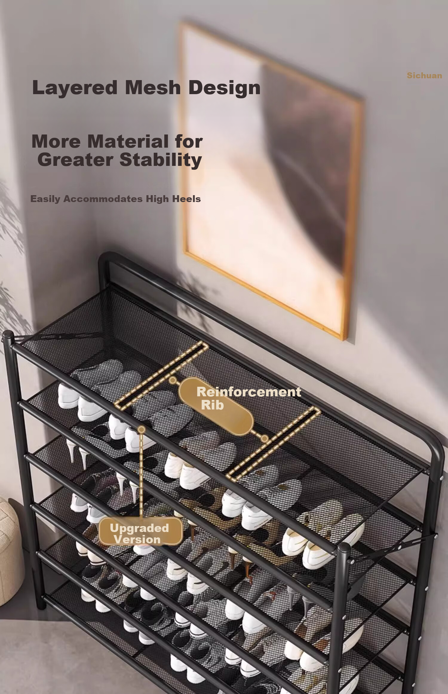 Antjia Foldable Shoe Rack Doorway Shoe Rack Multi-layer Iron Art No-Installation Storage Shelf Black 6-Tier 70cm 9