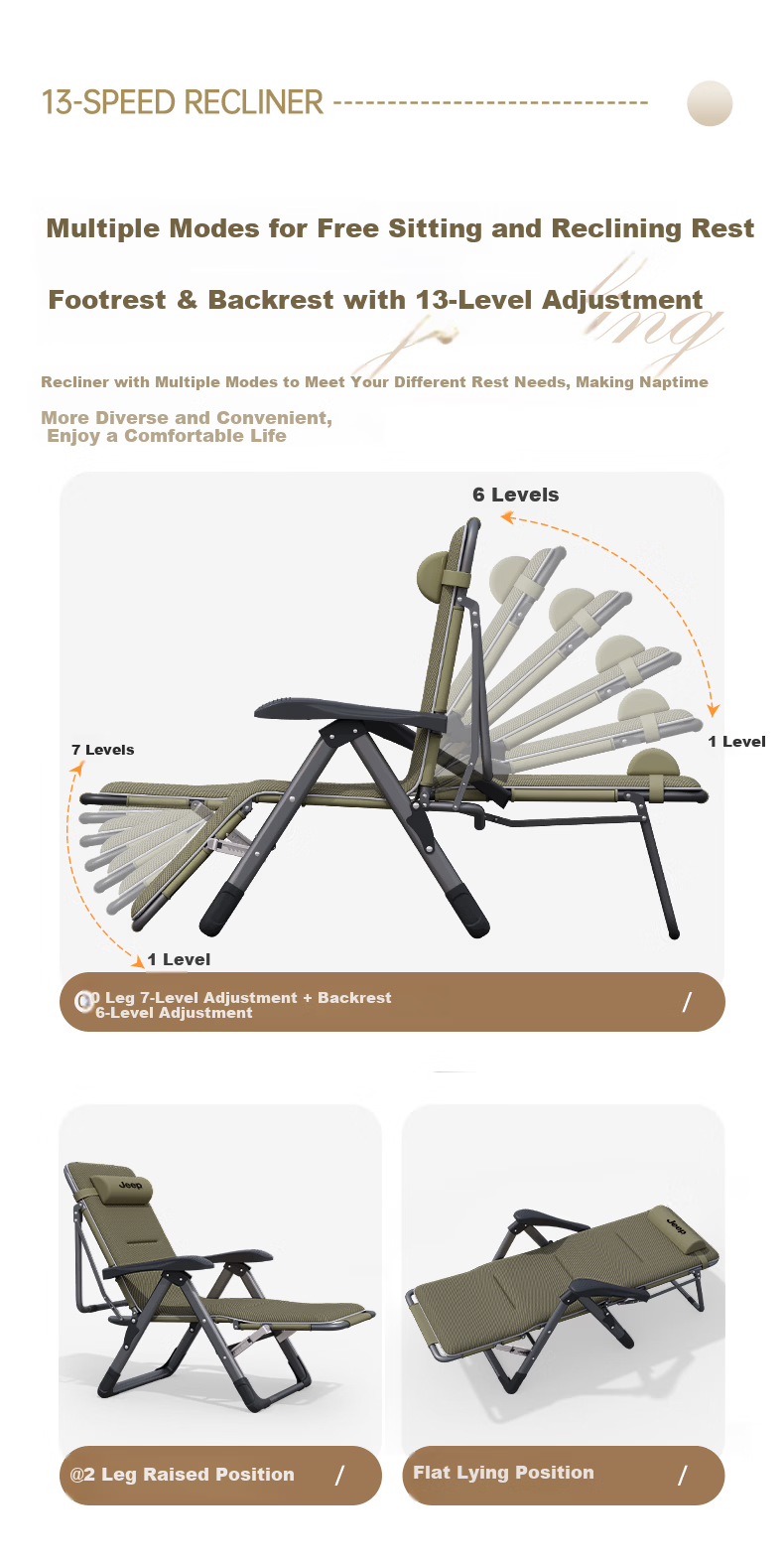 JEEP Folding Bed Recliner Office Nap Bed Single Nap Chair Care Bed Folding Chair Military Cot Thickened Cotton Pad 9